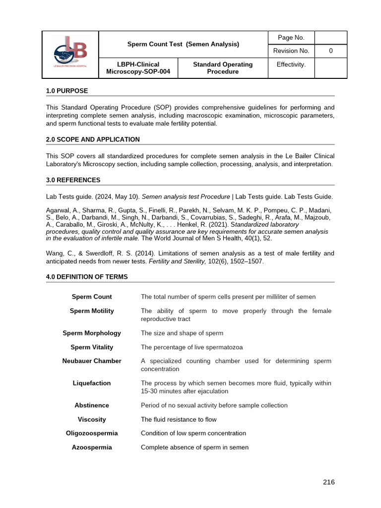 Semen Analysis Standard Operating Procedure | PDF | Sexual Health