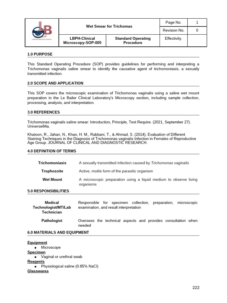 Trichomonas Vaginalis Wet Smear SOP | PDF | Medical Specialties ...
