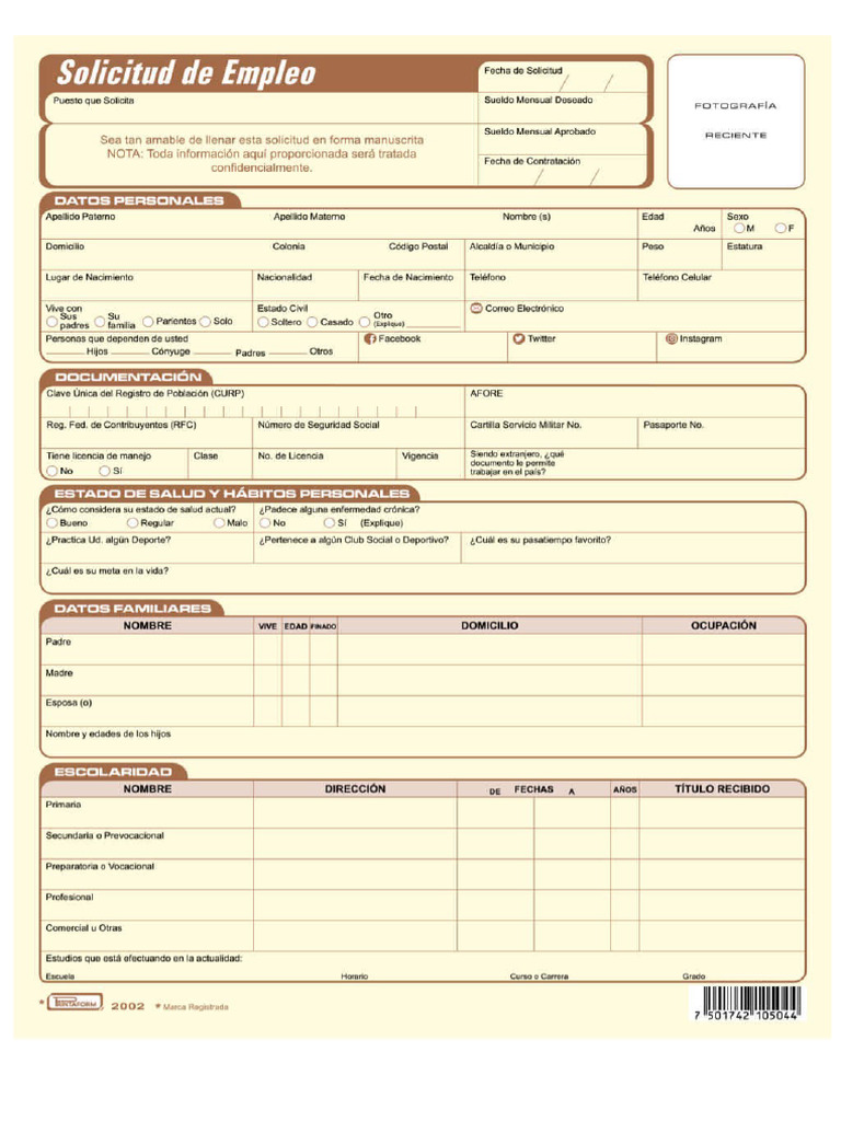 Solicitud de Empleo Cara 1 | PDF