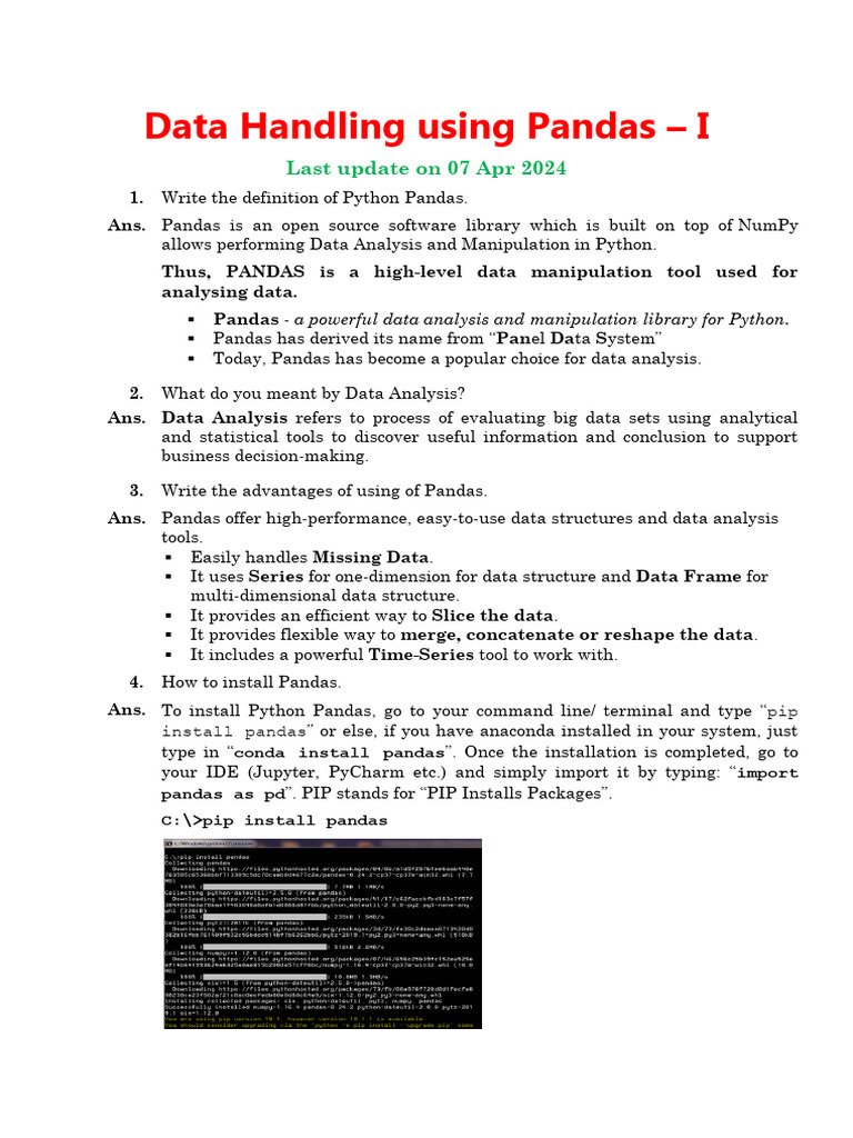 CH 2-Data Handling Using Pandas - I NCERT Solved 2024-25 | PDF ...