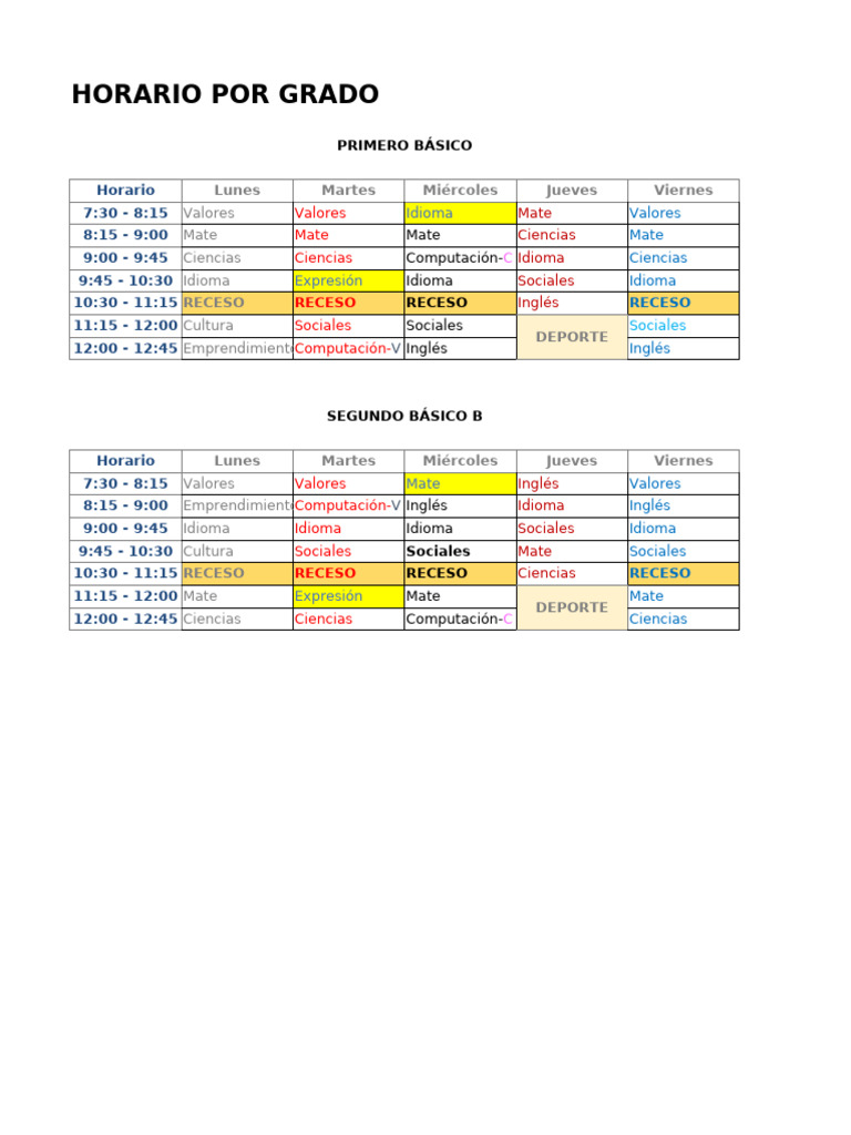 Horarios Escolares por Grado y Profesor | PDF | Idiomas del Reino Unido