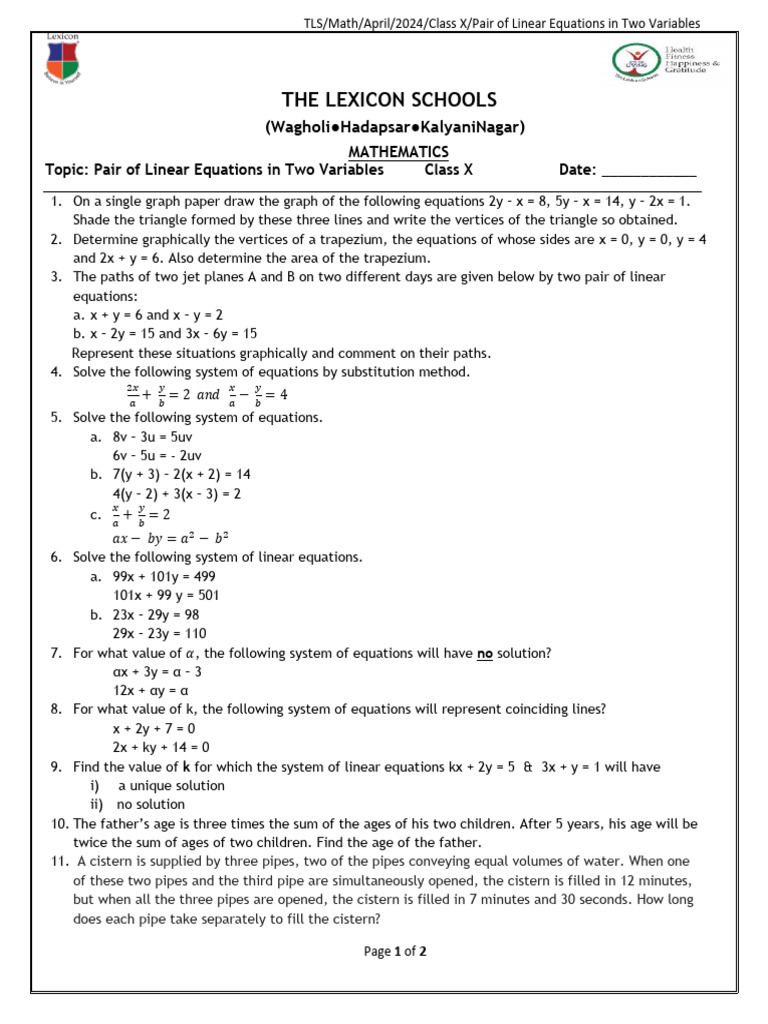 TLS_Cl X_Pair of Linear Equations in two variables-April_2024 | PDF ...