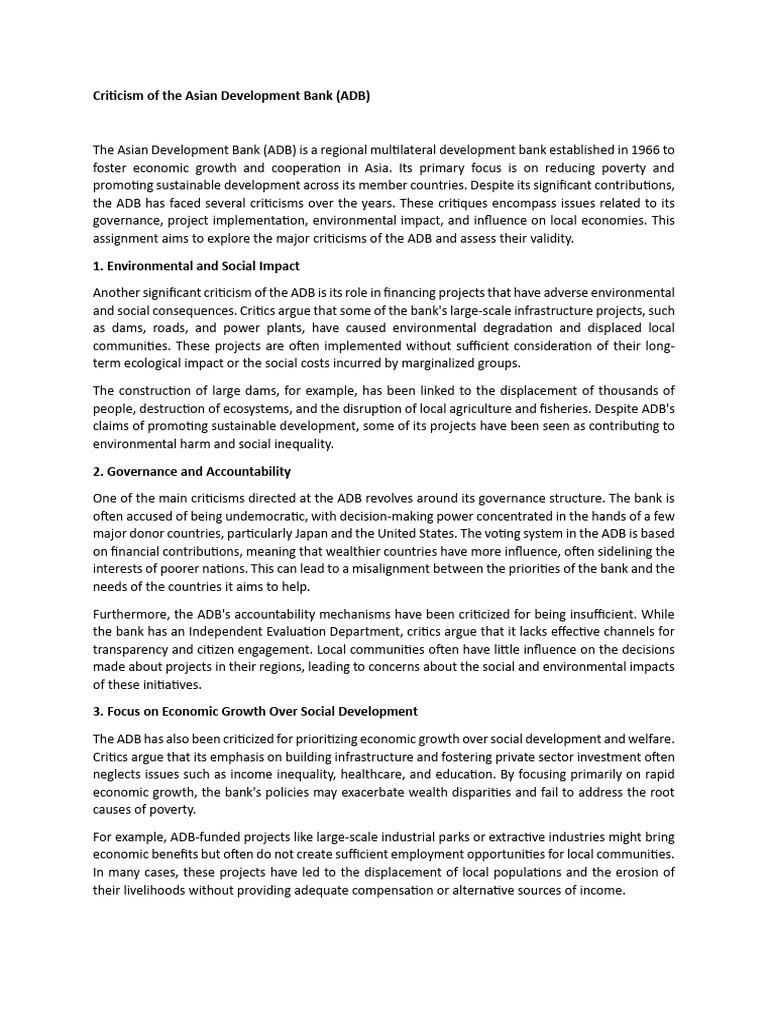 Criticism of The Asian Development Bank | PDF | Asian Development Bank ...