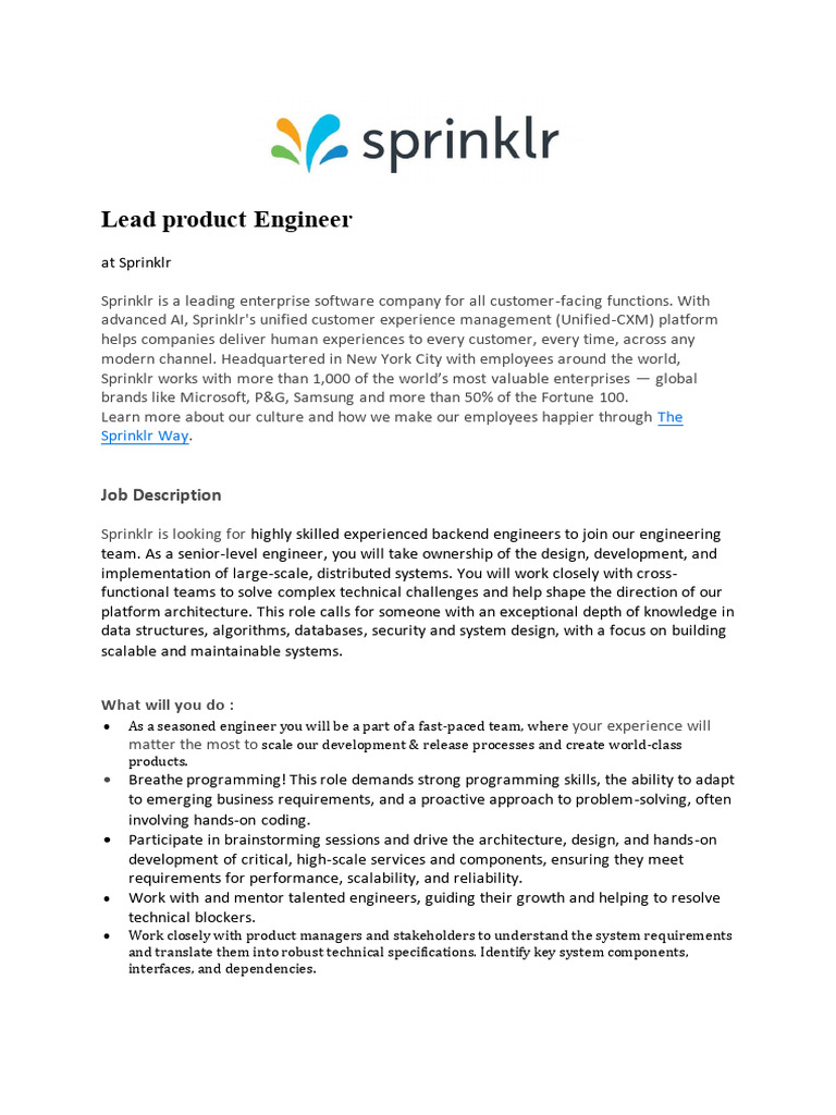 Lead Product Engineer New | PDF | Scalability | Databases