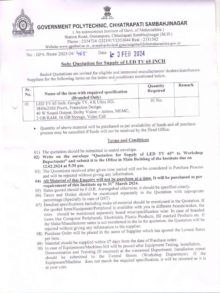 Quotation For Supply of LED TV 65inch | PDF