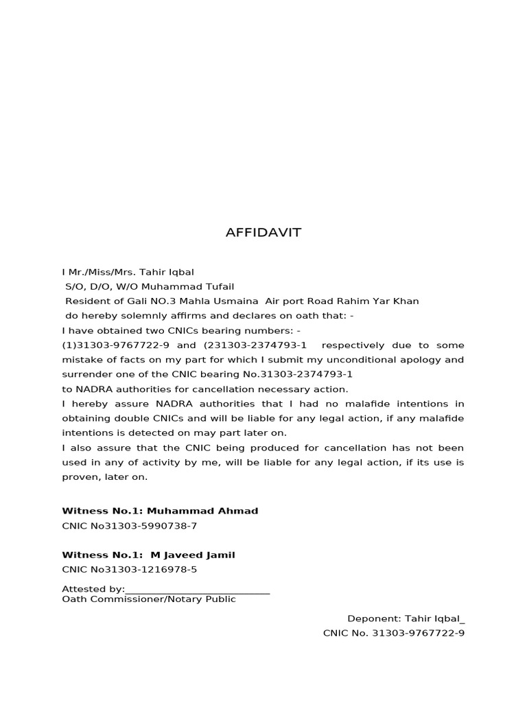 Affidavit NADRA For Double NIC | PDF