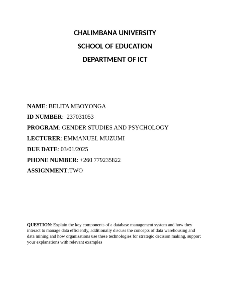 Belita's Assignment Ict | PDF | Databases | Data Warehouse
