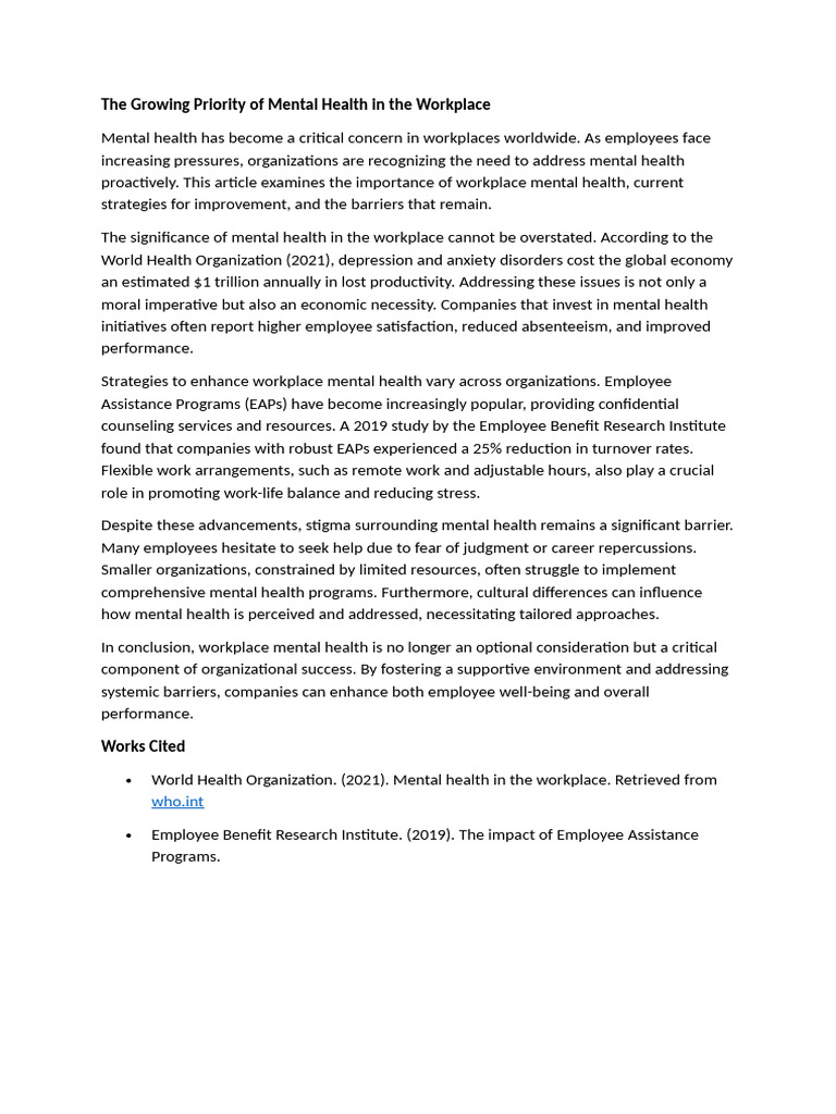 The Growing Priority of Mental Health in The Workplace | PDF