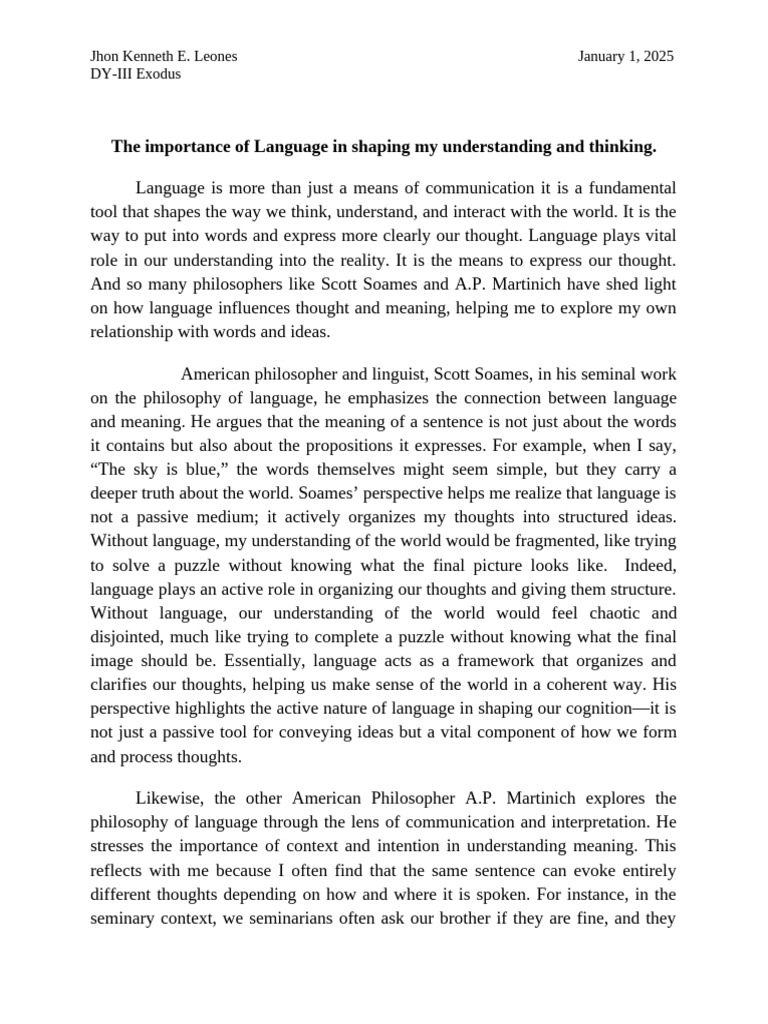 The Importance of Language in Shaping My Understanding and Thinking ...