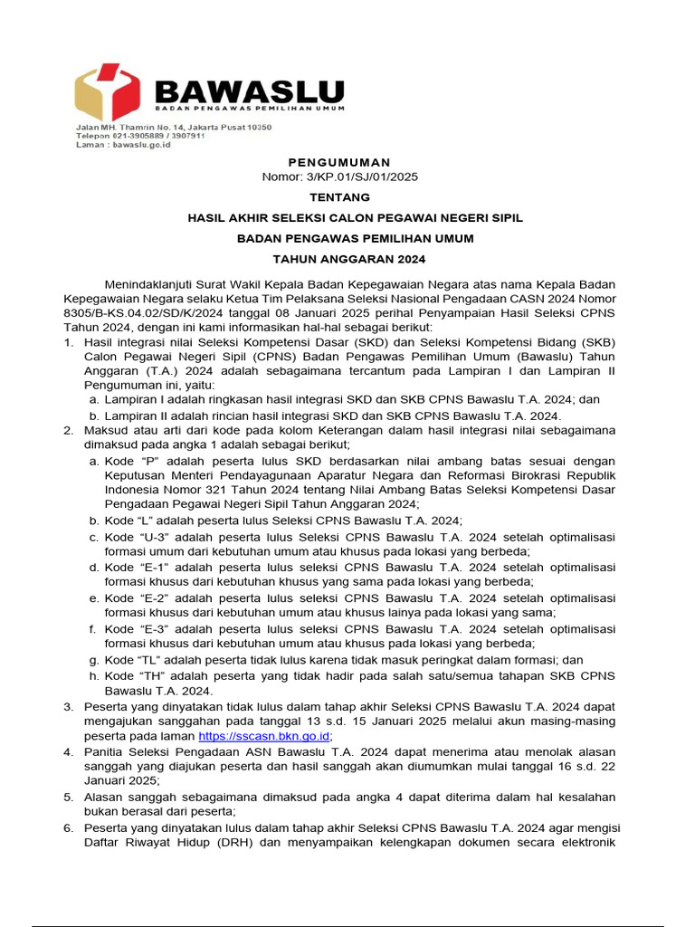 Pengumuman hasil akhir seleksi cpns bawaslu ta 2024 2 pdf