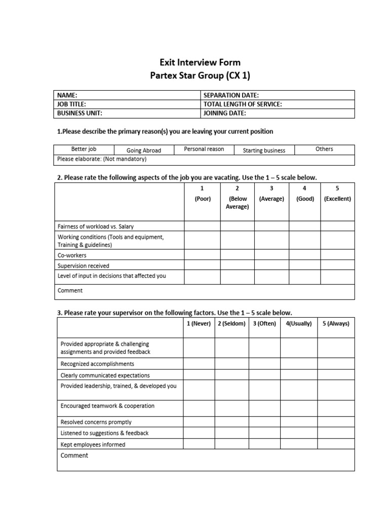 Exit Interview Form | PDF | Cost Of Living | Workplace