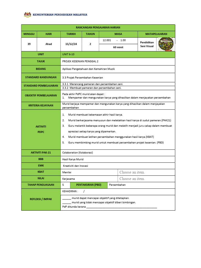 Rancangan Pengajaran Seni Visual 2024 | PDF