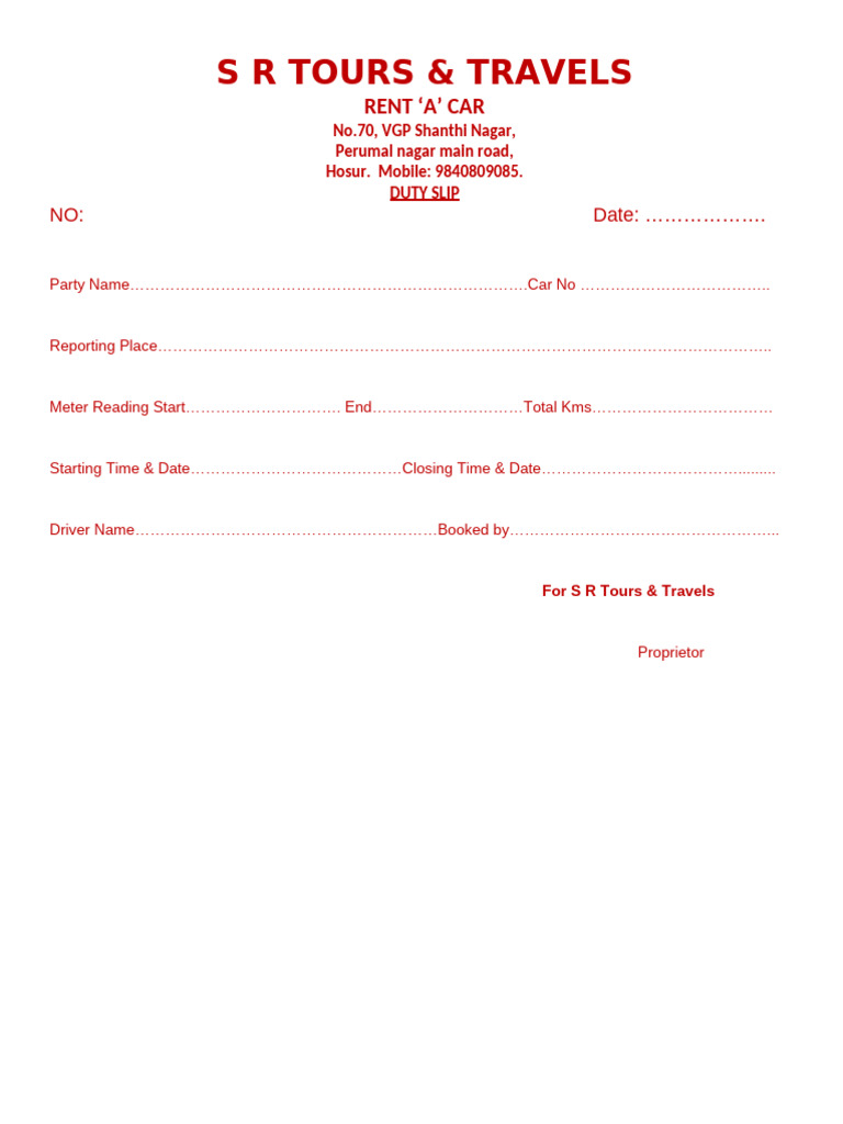 Car Rental Duty Slip Template | PDF