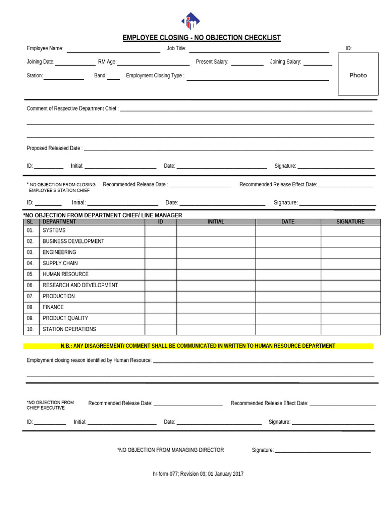 EMPLOYEE CLOSING NO OBJECTION CHECKLIST-Old Copy | PDF | Human ...