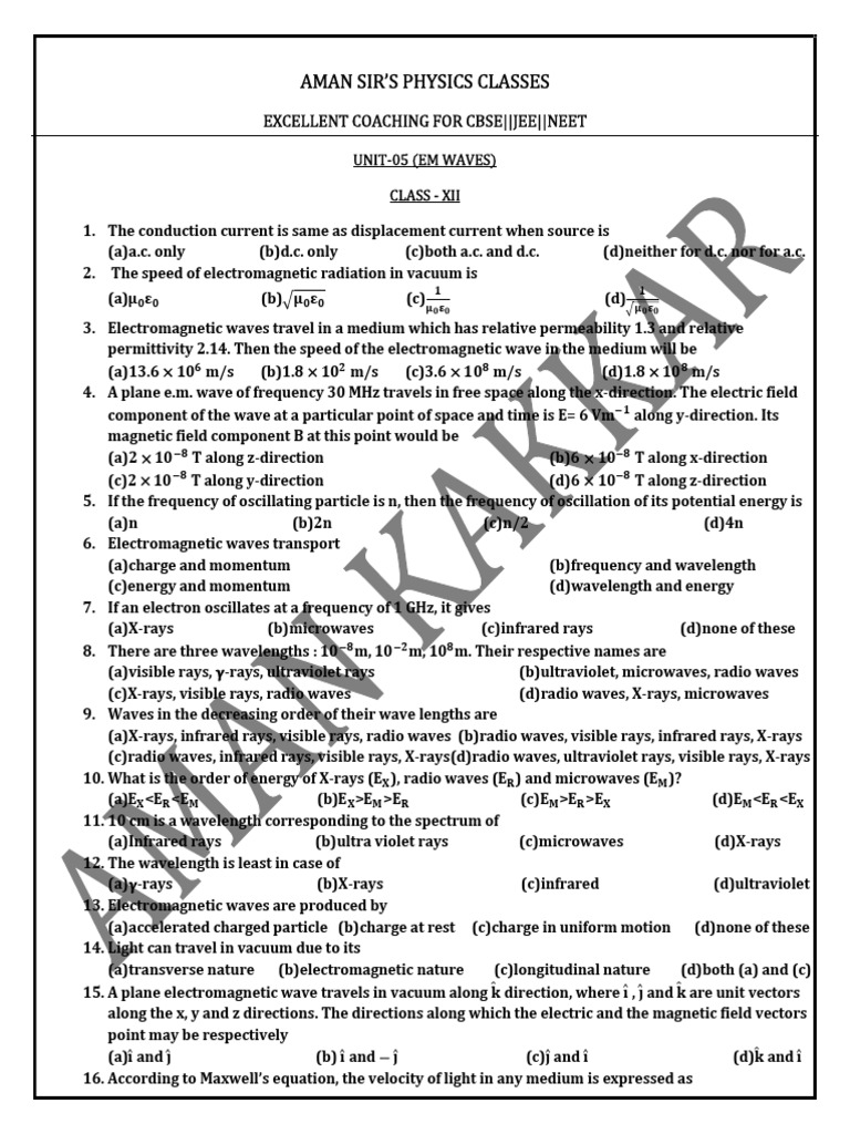 Worksheet Physics 46 Pdf Electromagnetic Radiation Waves