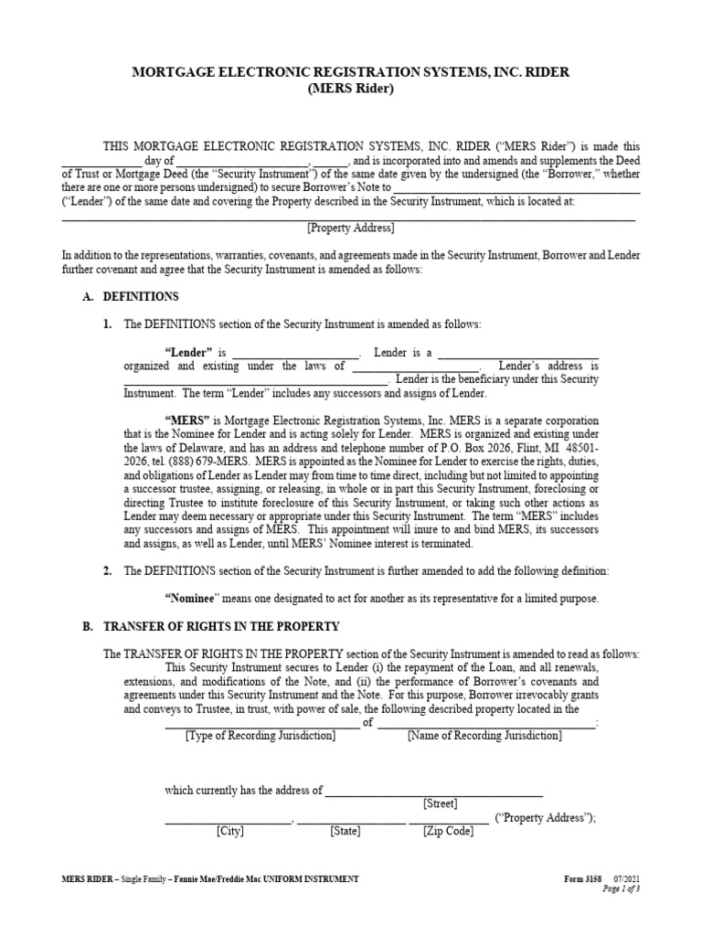 Form 3158 - MERs Rider 07 - 2021 | PDF | Mortgage Law | Debt