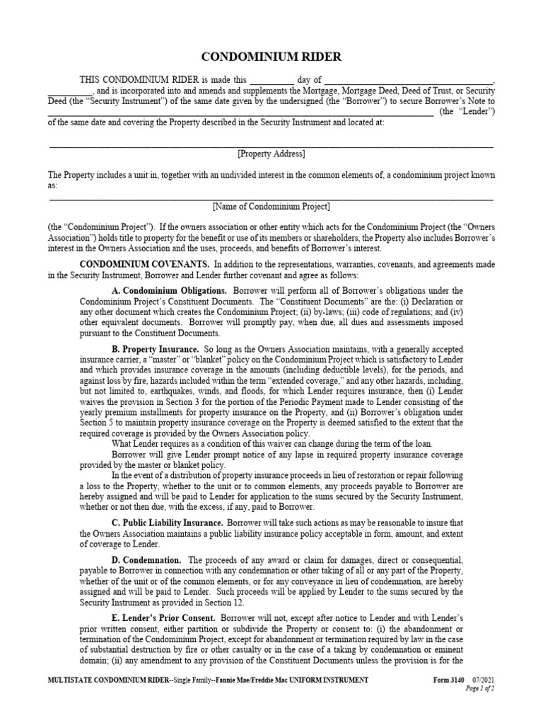 Form 3140 - Multistate Condominium Rider 07 - 2021 | PDF | Insurance ...