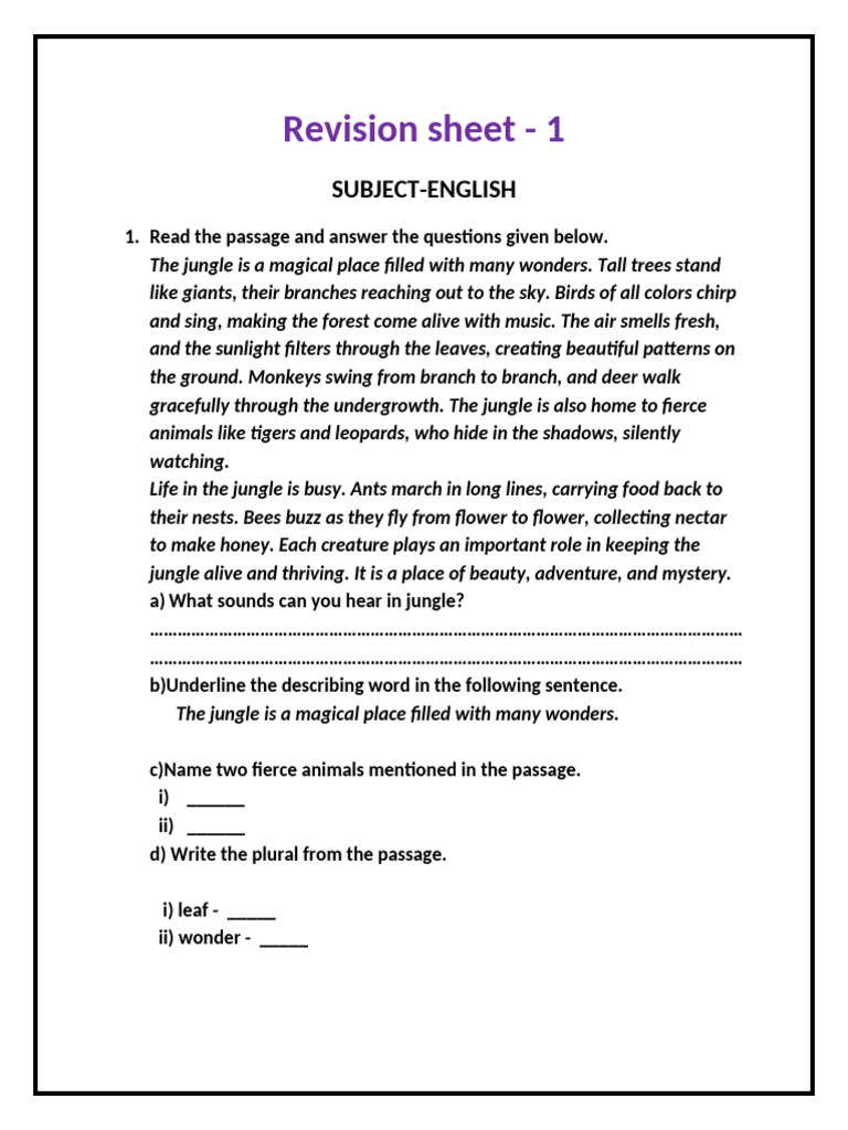 Jungle Wonders: Class 5 English Revision | PDF