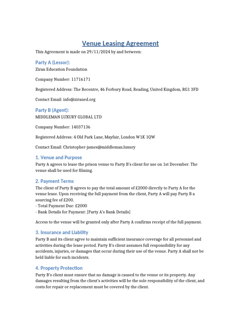 Venue Leasing Agreement for Filming | PDF