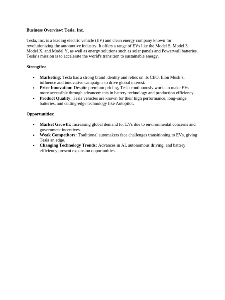 Tesla, Inc.: EV Leader & Market Opportunities | PDF