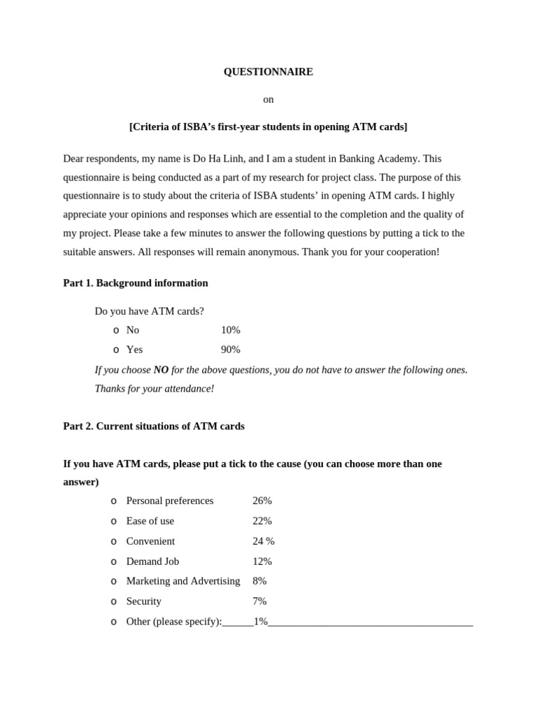 QUESTIONNAIR 1 | PDF | Debit Card | Automated Teller Machine