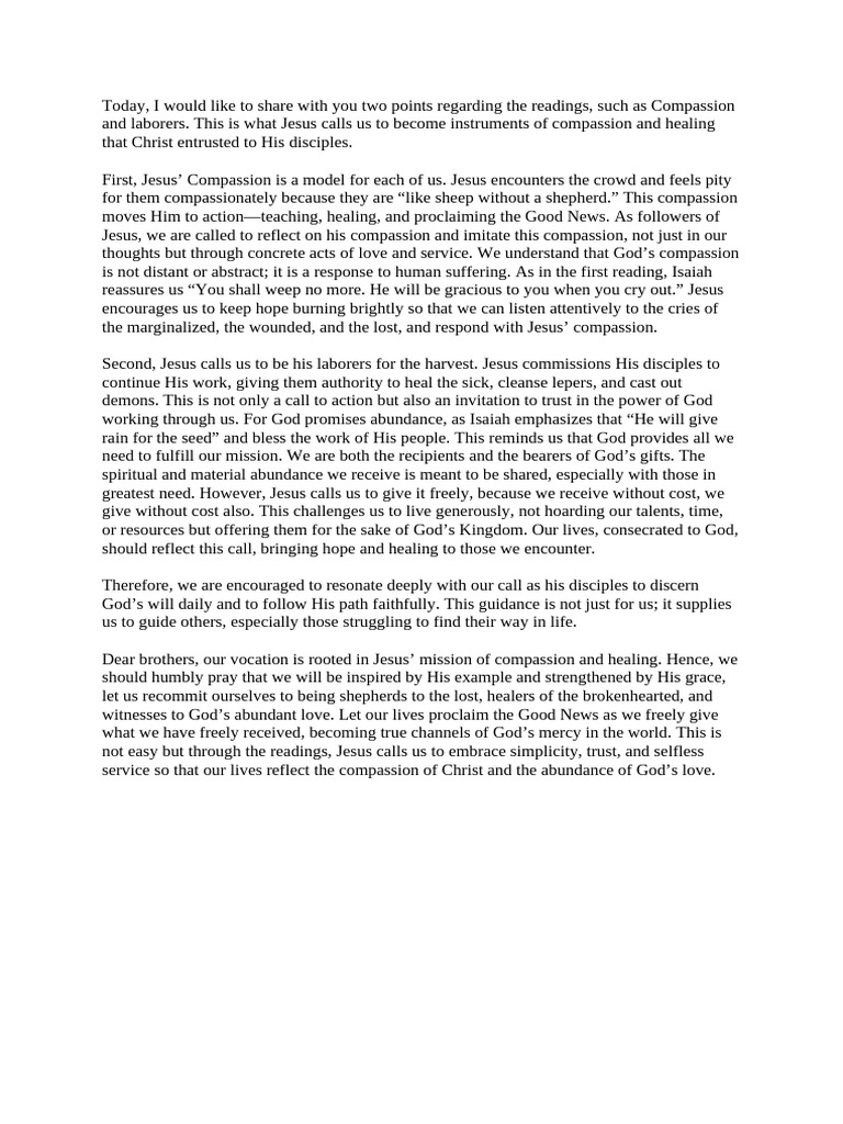 Dec 7 24 MT 9 35-10 1,5, 6-8 | PDF | Jesus | Disciple (Christianity)