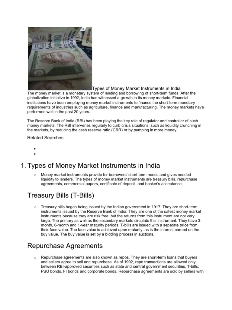 Types of Money Market Instruments in India PDF Financial Markets