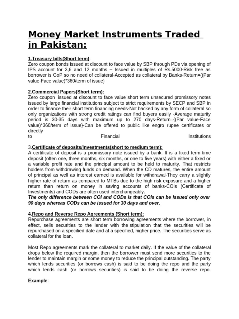 Money Market Instruments in Pakistan | PDF | Repurchase Agreement | Loans