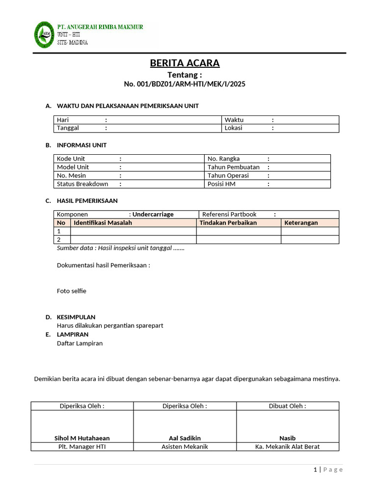 Berita Acara Pemeriksaan Unit Alat Berat | PDF