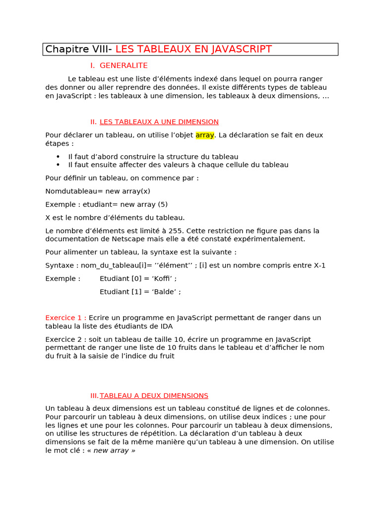 Introduction aux Tableaux en JavaScript | PDF | JavaScript ...