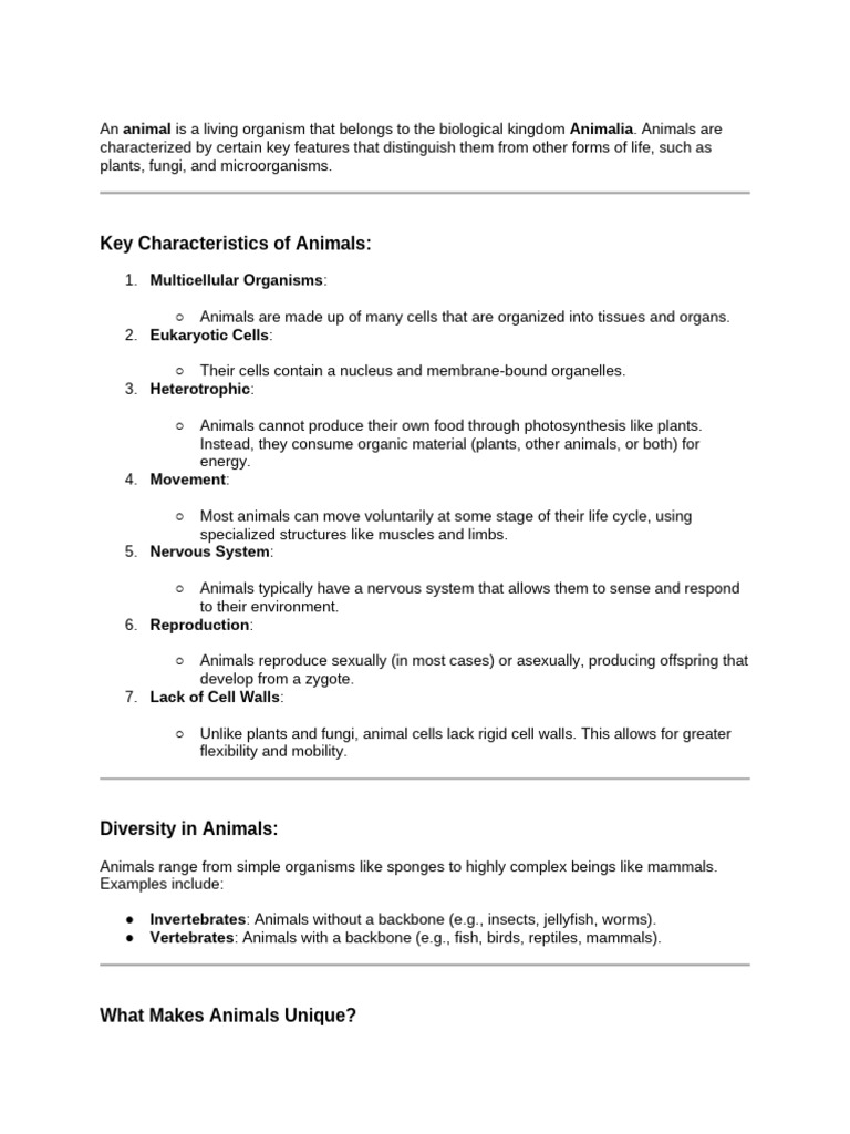 Key Characteristics of Animals Explained | PDF