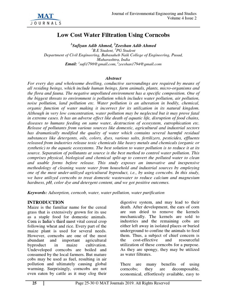 Curated visual reference: Low Cost Aquatic Supplement Optimization Reference: Low Cost Water Filtration Using Corncobs Pdf Maize