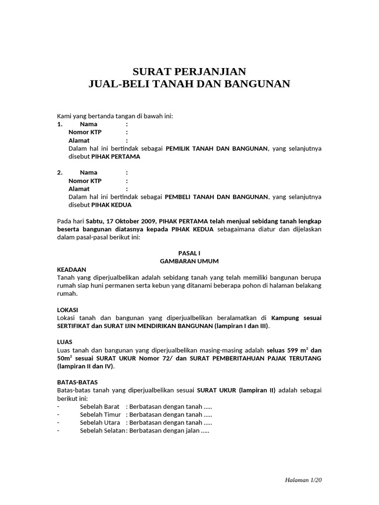 Surat Perjanjian Jual Beli Tanah Dan Bangunan | PDF