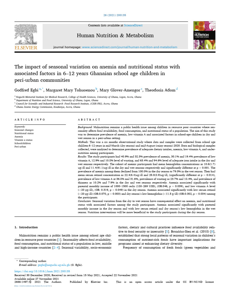 The Impact of Seasonal Variation On Anemia and Nutritional S 2021 Human ...