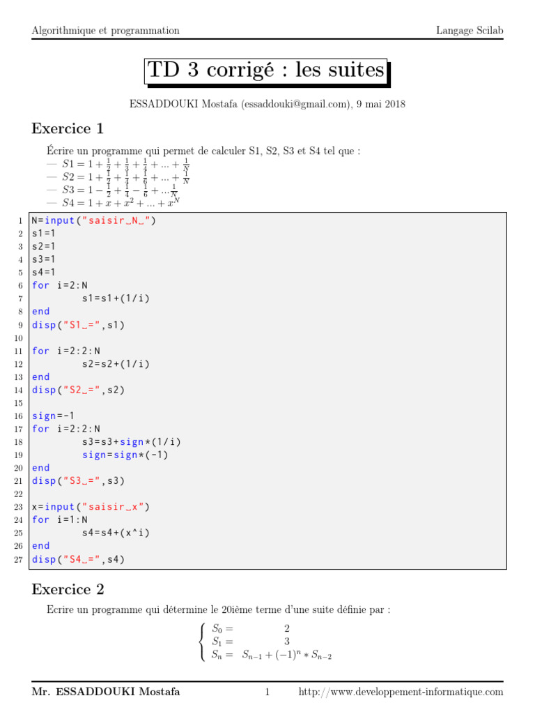 TD3 Scilab Corrige 1 1 | PDF | Arithmétique | Mathématiques