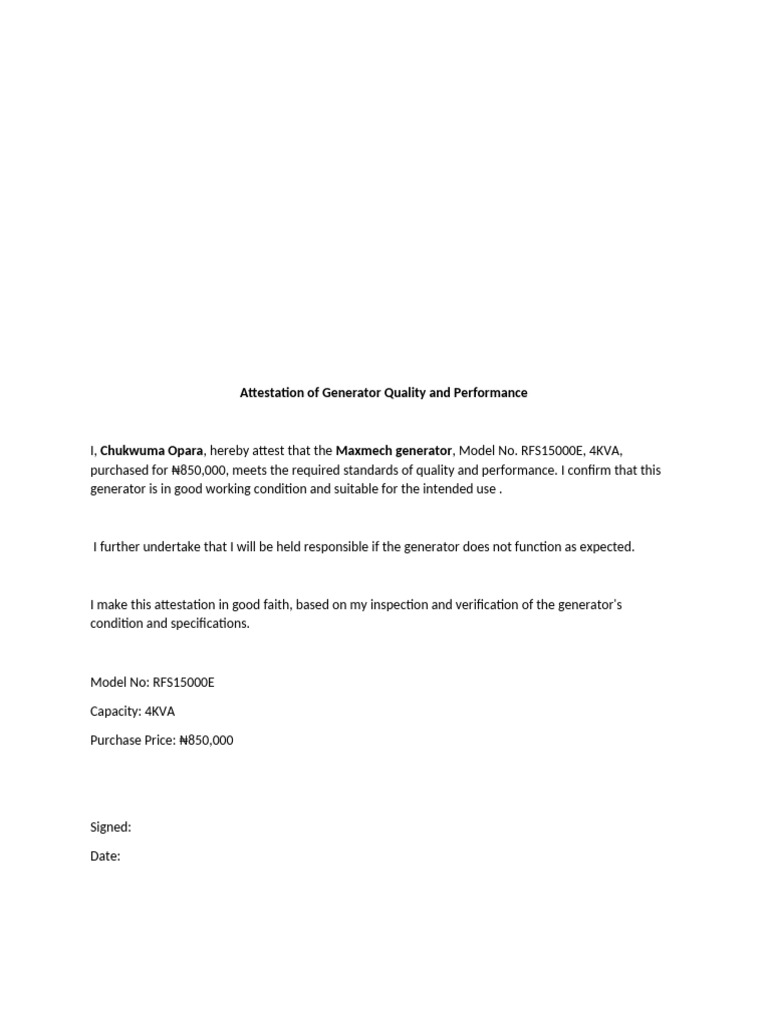 Maxmech Generator Quality Attestation | PDF