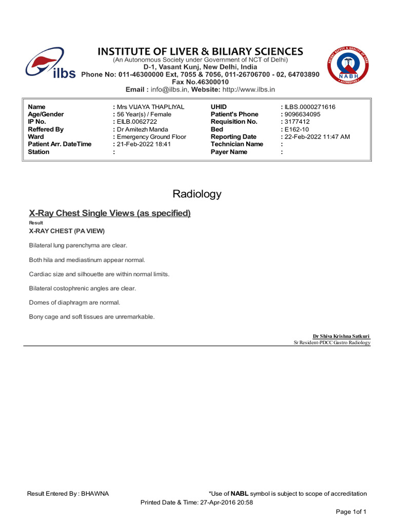 X-Ray Chest Report for Mrs. Thapliyal | PDF