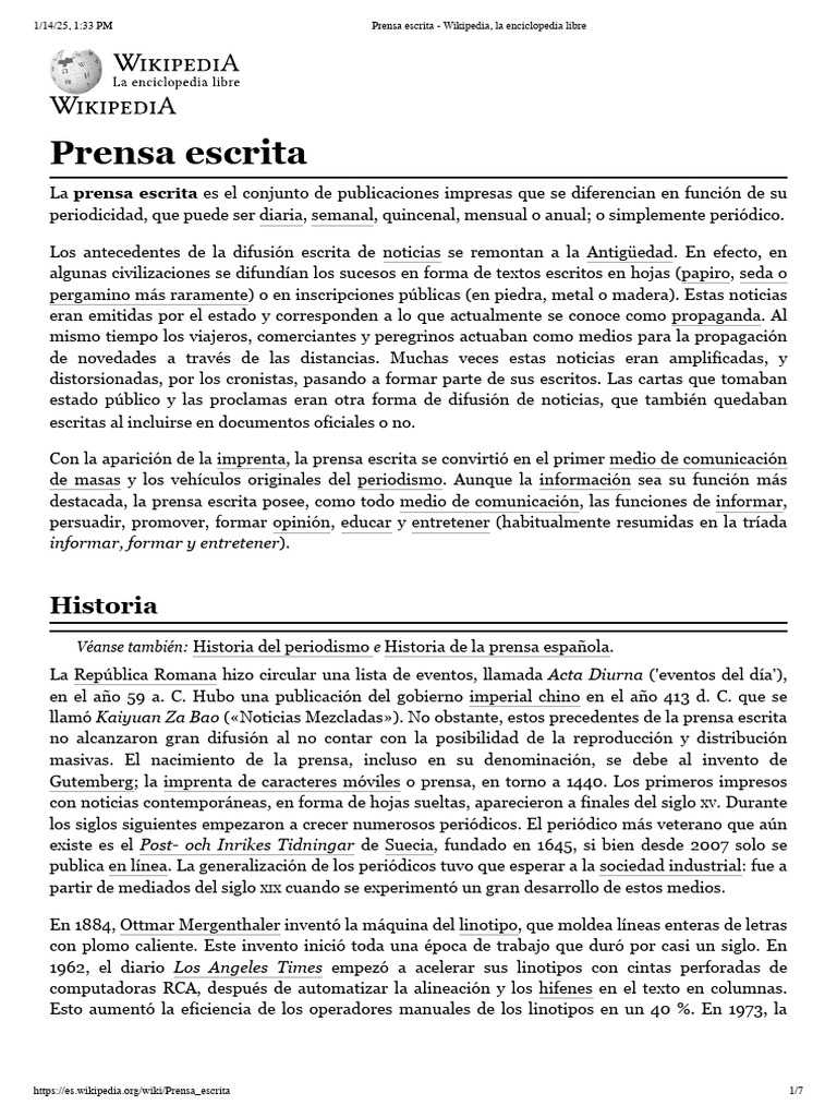 Historia y funciones de la prensa escrita | PDF | Periódicos | Wikipedia