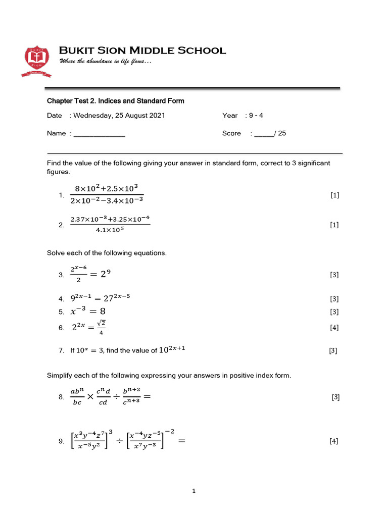 Chapter Test: Indices & Standard Form | PDF