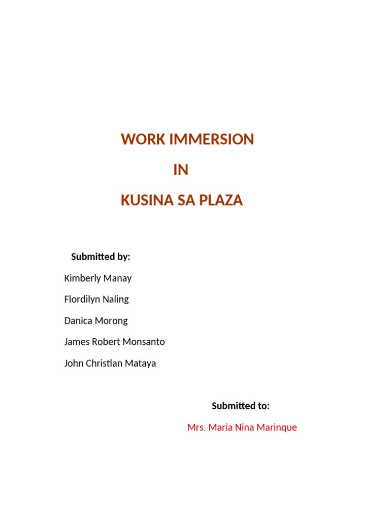Work Immersion Report: Kusina sa Plaza | PDF