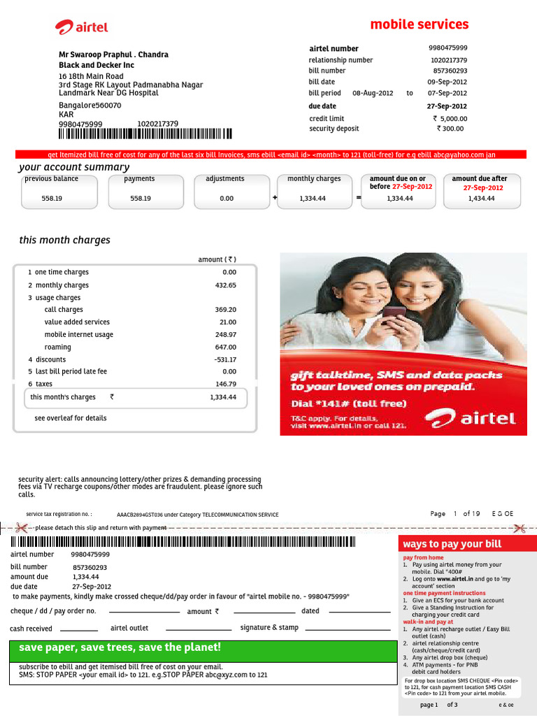 Airtel_Sep2012_bill | PDF | Cheque | Roaming
