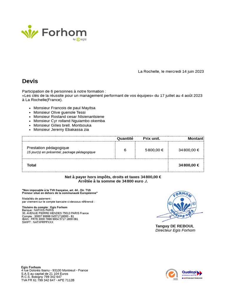 Devis pour formation en management | PDF