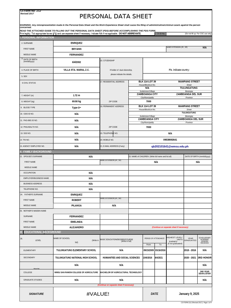 CS Form No. 212 Personal Data Sheet Revised | PDF | Government | Justice