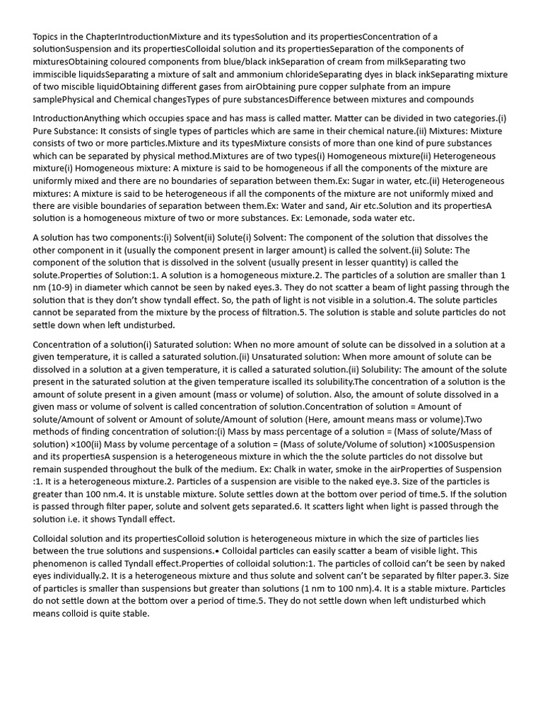 Mixtures And Separation Techniques Pdf Mixture Solubility