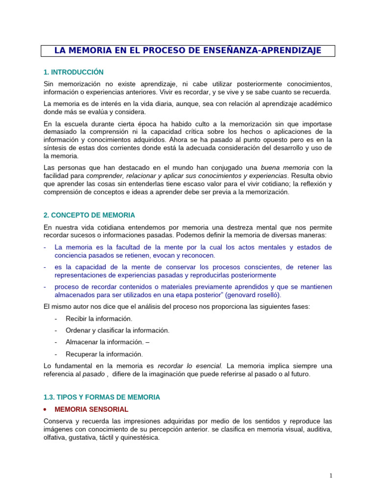 Importancia y Tipos de Memoria en Educación | PDF | Memoria | Aprendizaje