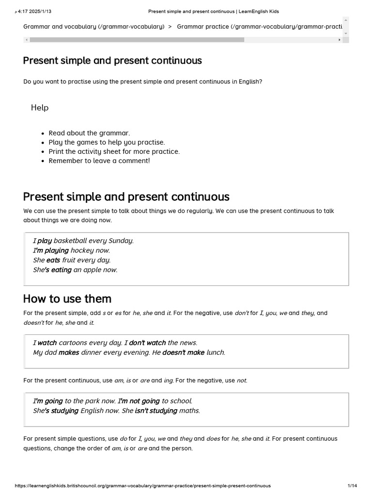 Present Simple vs Continuous for Kids | PDF | Login