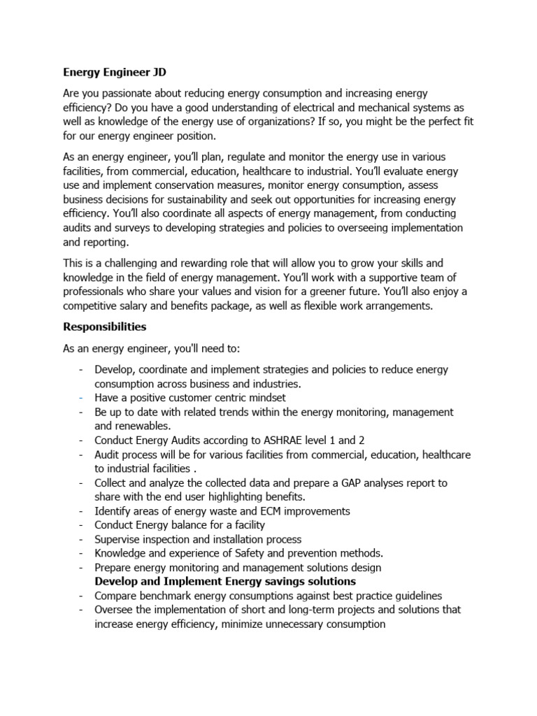 Job Description of Energy Engineer - V.04 | PDF | Energy Conservation ...