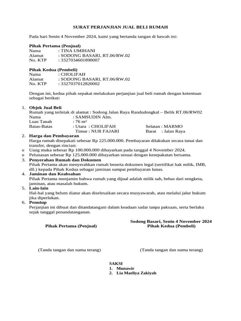 Surat Perjanjian Jual Beli Rumah | PDF