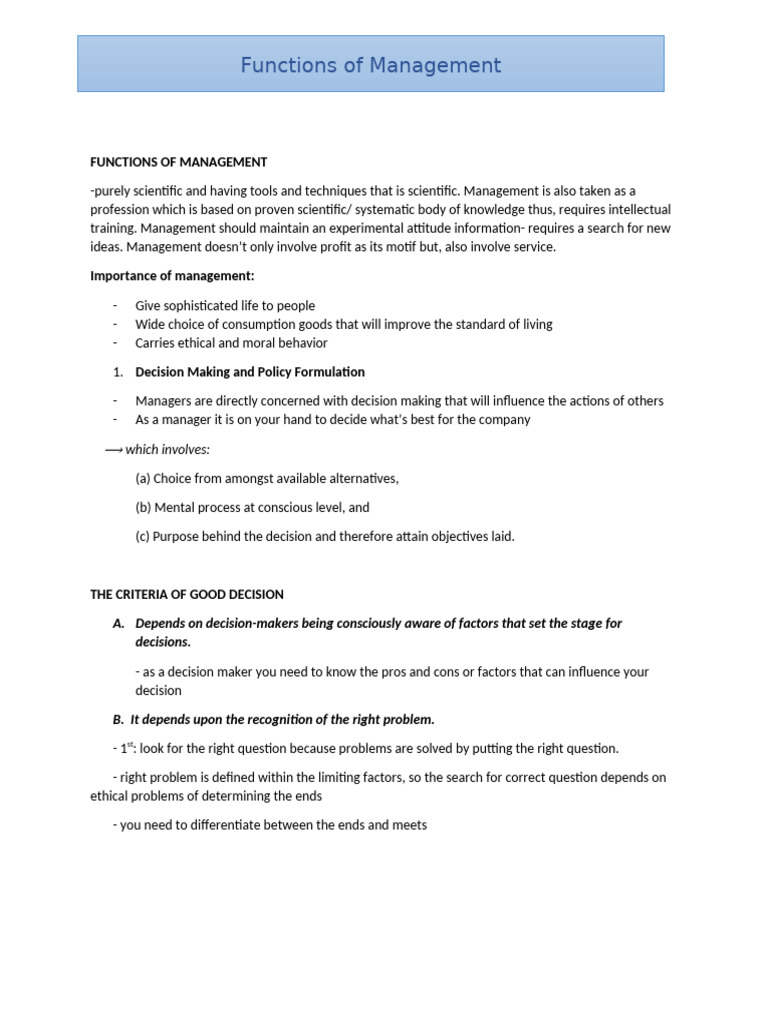 Functions of Management - Notes | PDF | Decision Making | Policy