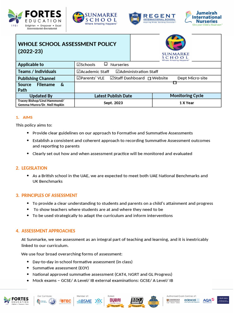 Whole School Assessment Policy 2022-23 | PDF | Educational Assessment ...